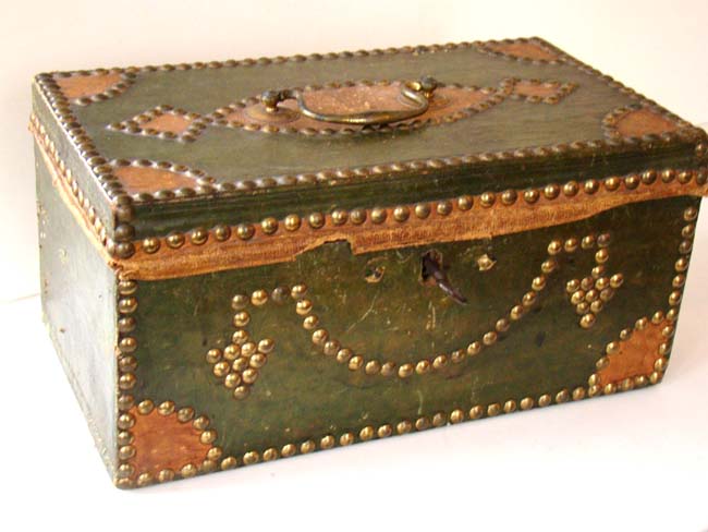 A charming early 19th century American green leather covered brass studded Document or Valuables Box circa 1810-1830